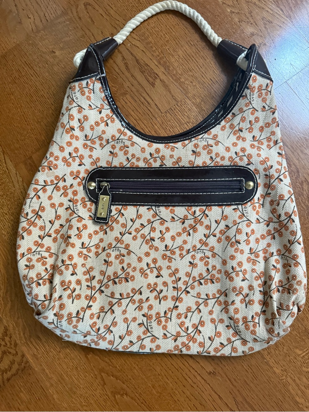 Canvas Floral Hobo Bag with Rope Handle - Orange on Cream
